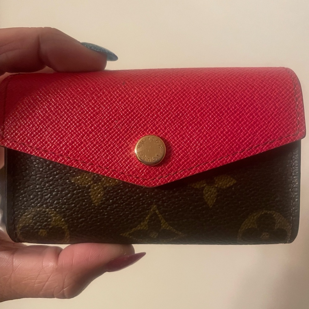 Louis Vuitton, compact accordion wallet LV canvas, print with red